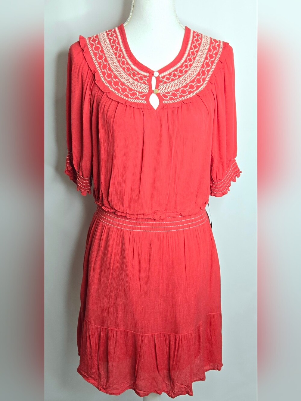 Max Studio Burnt Orange Embroidered Yoke Ruffle Boho Dress NWT M